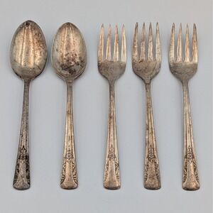 Camelia 1940 Silver Plate Floral Flatware 5 piece Lot 3 Salad Forks 2 Teaspoons